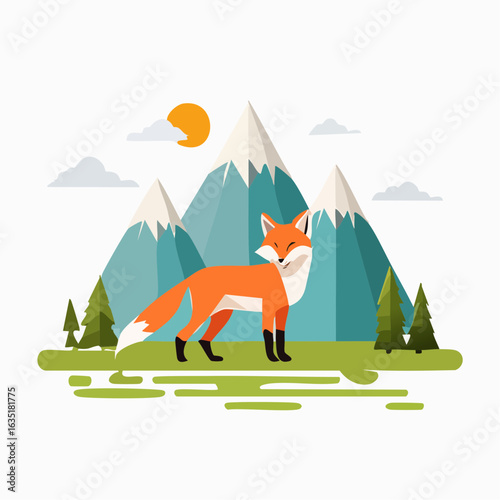 Cartoon Fox in a Mountain Landscape: A Whimsical Wildlife Illustration with Natural Beauty