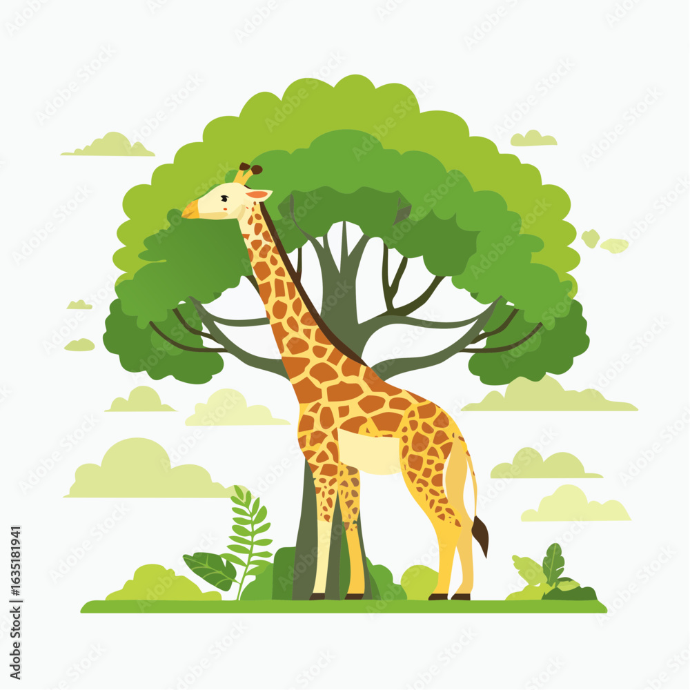 Fototapeta premium Giraffe stands gracefully beneath a verdant tree creating a captivating animal scene