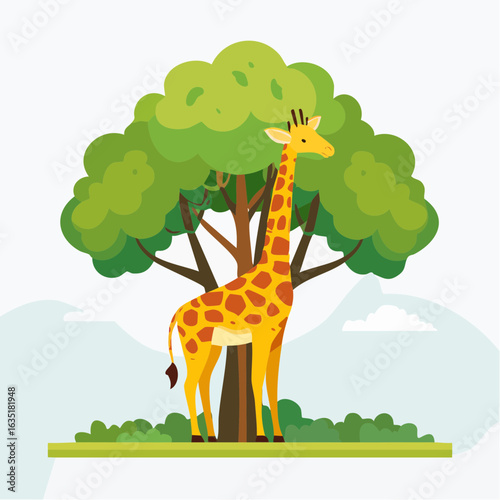 Giraffe standing gracefully beneath a lush green tree in a serene landscape
