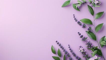 Lavender floral corner border on purple background; spring design