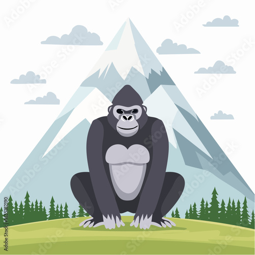 Majestic Gorilla Sitting Peacefully Against a backdrop of Snowy Mountain Scenery