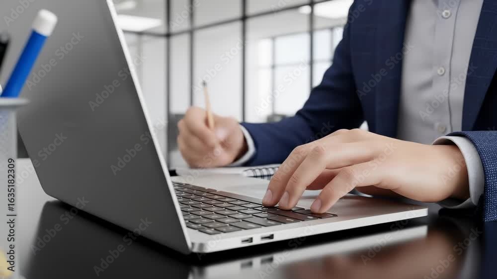 Modern Office Workspace Person in Suit Working on Laptop at Desk, Taking Notes with Pencil, Focusing on Productivity and Efficiency Modern Office Workspace Person in Suit Working on Laptop at Desk, Taking Notes with Pencil, Focusing on Productivity and Efficiency