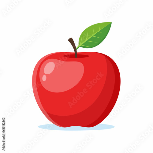 A vibrant red apple with a green leaf illustration against a white backdrop is appealing