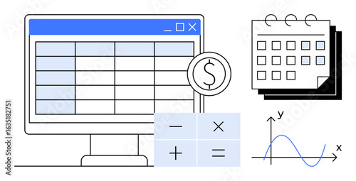 Spreadsheet on screen, calendar, calculator, and a plotted graph. Ideal for budgeting, data analysis, planning, finance tracking accounting business strategy and forecasting. Simple flat metaphor