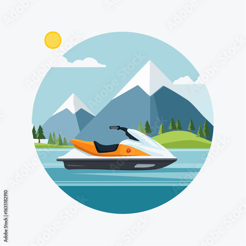 Serene Waterscape: A Jet Ski Adventure Amidst Majestic Mountains and Sparkling Sun