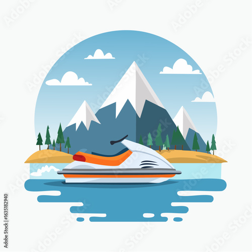 Thrilling jet ski adventure amidst majestic mountain scenery under a vibrant blue sky