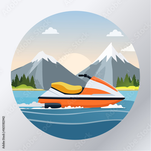Serene Lake Adventure: Jet Skiing Against a Backdrop of Majestic Mountains and Calm Waters