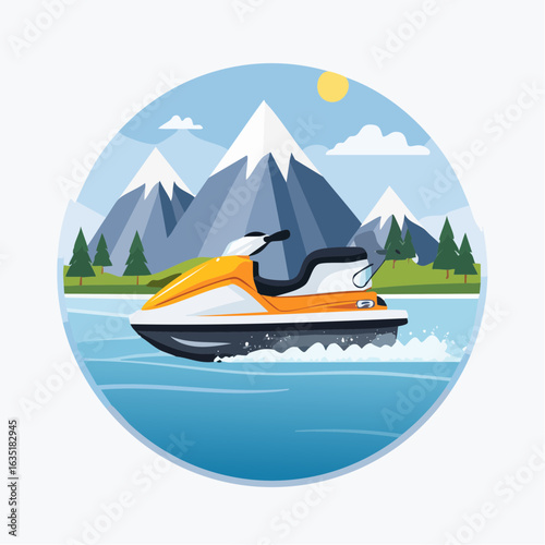 Vibrant jet ski illustration against a scenic backdrop of mountains and clear blue waters
