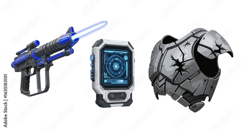 Fototapeta premium Sci-fi equipment: Futuristic gun, watch and armor in white background