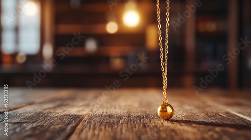 Golden sphere necklace on rustic wood background