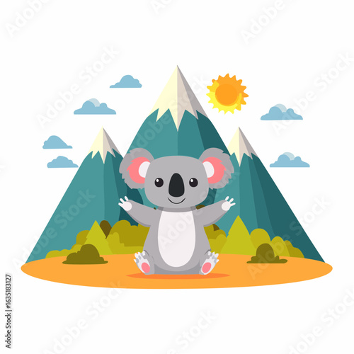 Charming koala illustration nestled against a backdrop of majestic mountains and sunny skies