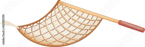 A fishing net featuring a wooden handle and a fine mesh net, designed for catching fish in water.