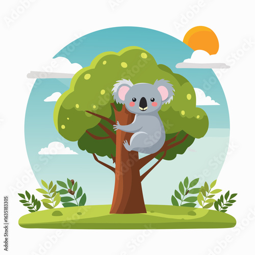 Adorable koala character illustration clinging to a tree in a sunny outdoor scene