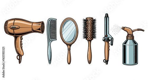 Assorted hair styling tools and accessories arranged on white background.