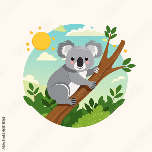 Adorable koala illustration perched on a tree branch basking in the sun cartoon scene