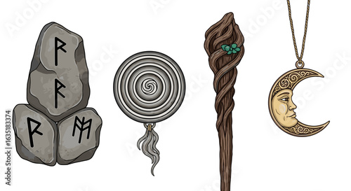 Mystical runestones, spiral medallion, magical staff, and crescent moon amulet artwork