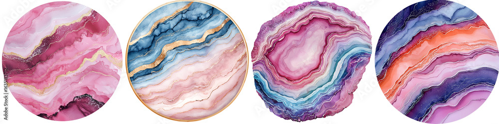 Obraz premium Stunning, vibrant agate slices with colorful patterns featuring pink, blue, and purple hues, accented with golden lines, ideal for home decor and artistic design