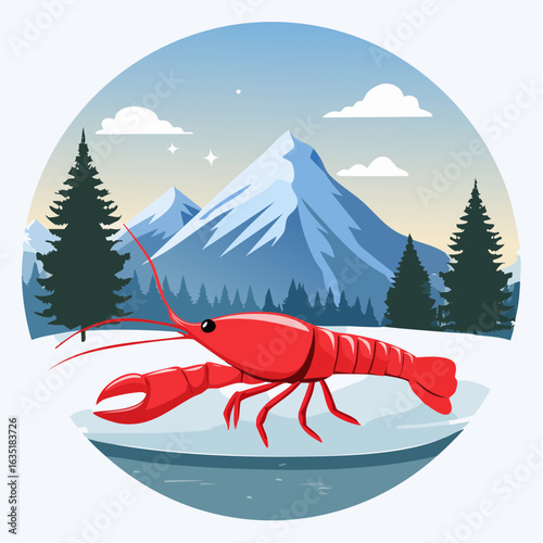 Red Lobster on Frozen Lake with Mountain Backdrop Cartoonish Winter Illustration