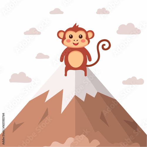 Cute Monkey Conquering the Snowy Mountain Peak Illustration in Cartoon Style Design