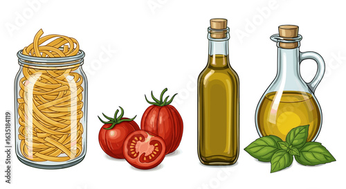 Italian cooking ingredients: Pasta, tomato, basil, and olive oil arrangement
