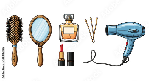 Vintage cosmetic set with perfume, mirror, lipstick and hair dryer.