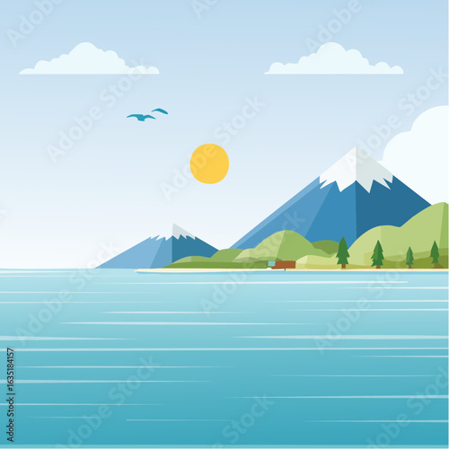 Serene vector landscape illustration with mountains, sea, sun, and clouds offering calming visuals