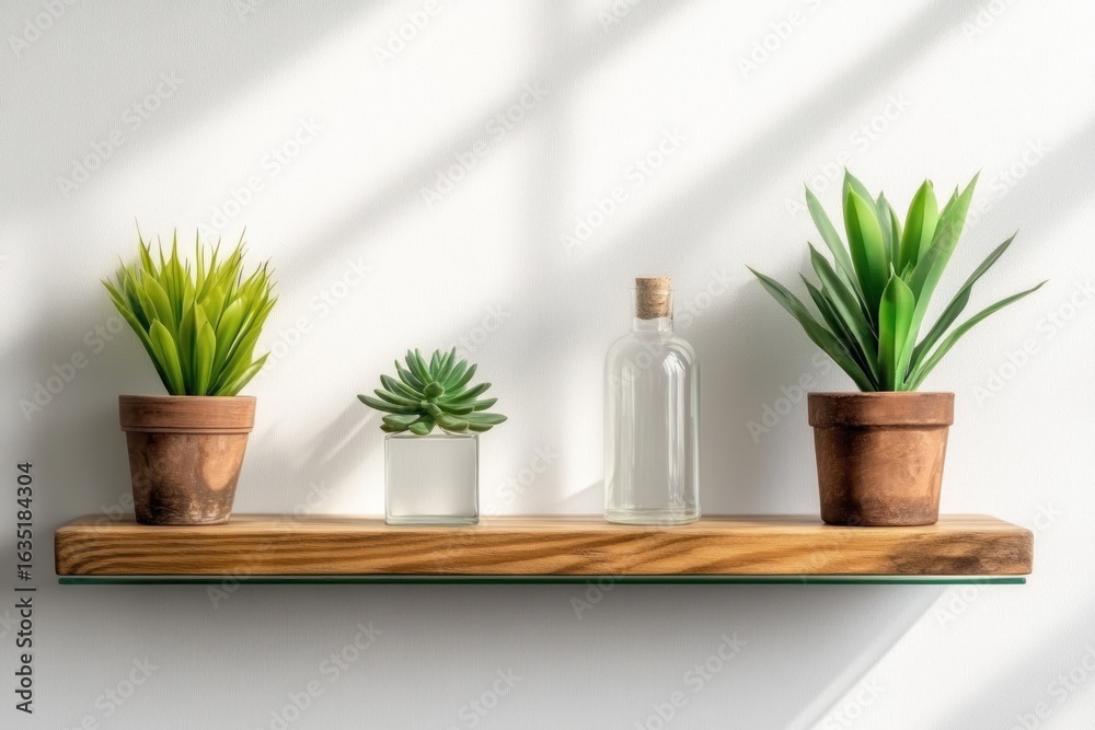 Fototapeta premium Potted plants and glass bottle on wooden shelf with natural light