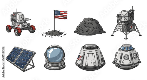 Collection of Space Exploration Icons Including a Rover, Flag, and Module