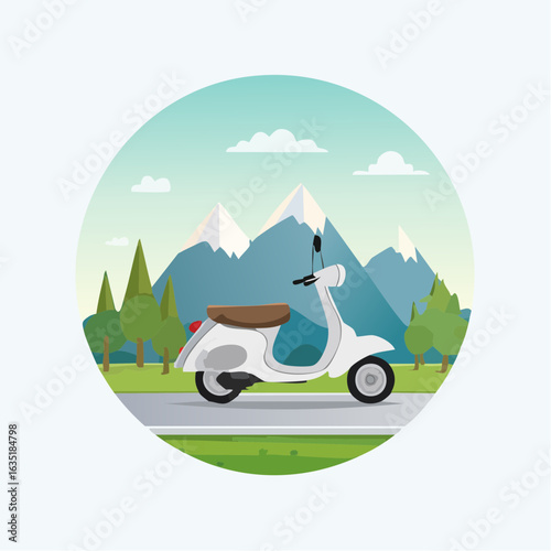 Cartoon illustration featuring a vintage scooter against a mountainous landscape backdrop