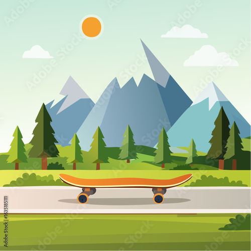 Skateboard Adventure: A Serene Landscape Scene with Mountains and a Sunny Sky
