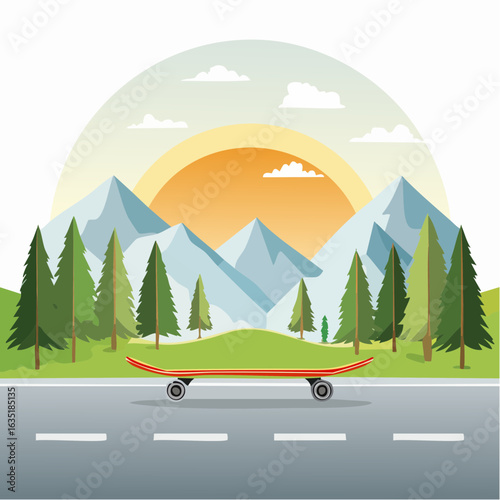 A skateboard adventure scene with mountains, trees, sunset background in a vector illustration