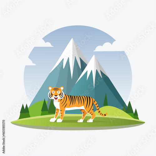 Cartoon tiger illustration showcasing wildlife in a mountainous natural environment setting