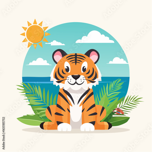 Adorable cartoon tiger enjoying a tropical sunny day by the ocean with plants