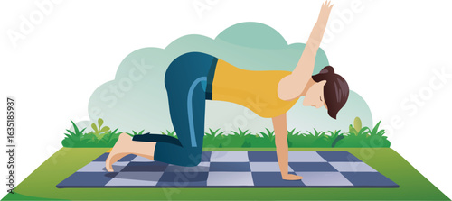 People are doing yoga on outdoor mats in a green yard, healthy and calm vibes