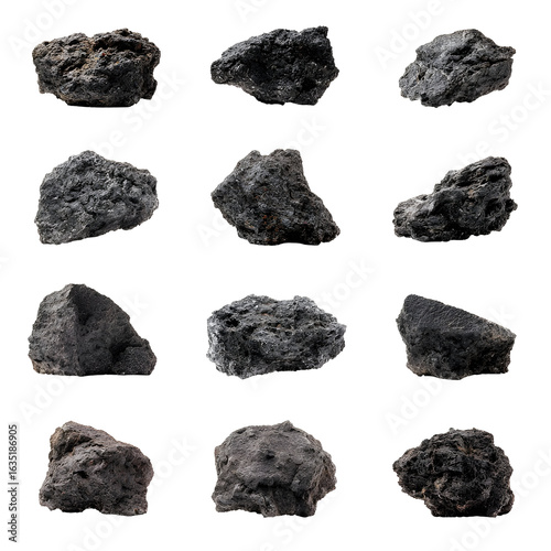 Volcanic rock specimens isolated on black background