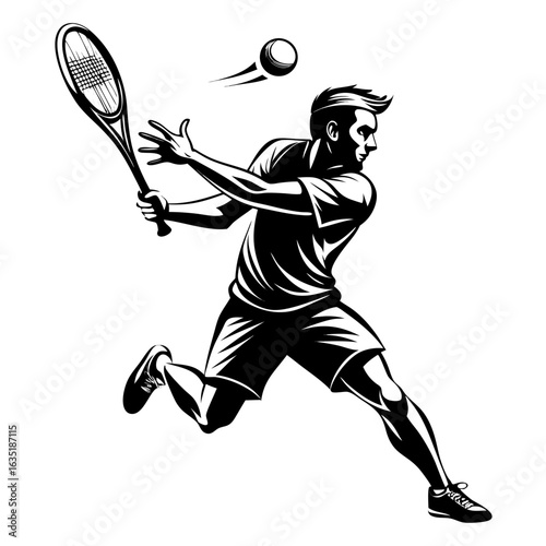 Dynamic black and white illustration of a male tennis player in action hitting a forehand shot
