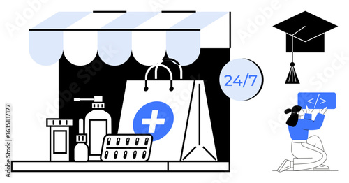 Pharmacy storefront with medical products, bag with healthcare logo, 247 sign, graduation cap, woman coding. Ideal for e-commerce, healthcare, technology, online learning education pharmacy simple