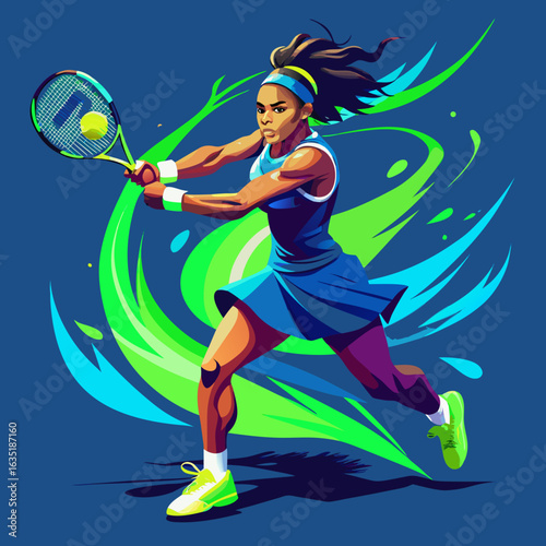 Dynamic illustration of a female tennis player in action hitting a forehand with vibrant green and blue abstract motion lines