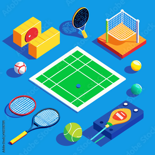 Isometric illustration of tennis court with equipment and balls on a blue background