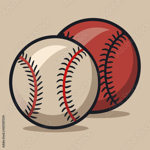 Two stylized baseballs one white and one red with black stitching and a shadow on a beige background