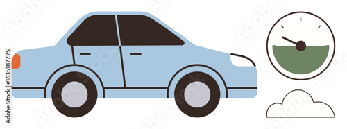 Light blue compact car alongside a speedometer with a green zone and a single cloud. Ideal for eco-awareness, sustainable travel, transportation, fuel efficiency, speed monitoring, environment