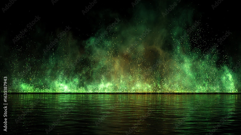 custom made wallpaper toronto digitalDigital Rendering of Green Sparks and Smoke Reflected on Water