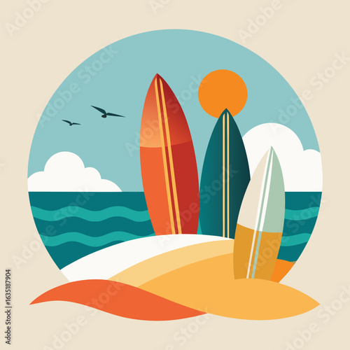 beach with three standing surfboards, orange sun, and teal waves; retro vintage feel