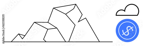 Abstract geometric mountains, minimalist cloud, and dollar icon suggest growth, challenges, success, and stability. Ideal for finance, business, investment strategy goals and risk management