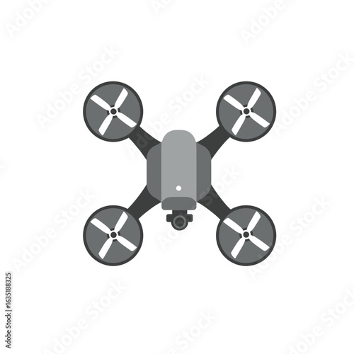 Top-down view of a quadcopter drone with camera, a flat style vector illustration. Modern UAV technology icon for aerial surveillance concepts.