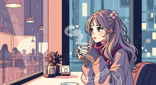 Anime Girl Enjoying Hot Drink During Rainy Day In Cozy Cafe