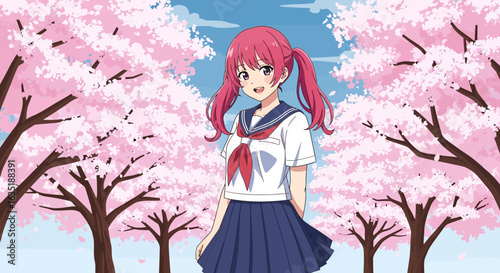 Cheerful Schoolgirl Standing Under Blooming Cherry Blossoms Anime Style