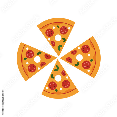 Creative graphic effect of four pepperoni pizza slices arranged in a pinwheel design. Isolated vector illustration for food concepts.
