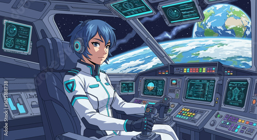 Anime Astronaut Commanding Spaceship Overlooking Earth From the Control Room