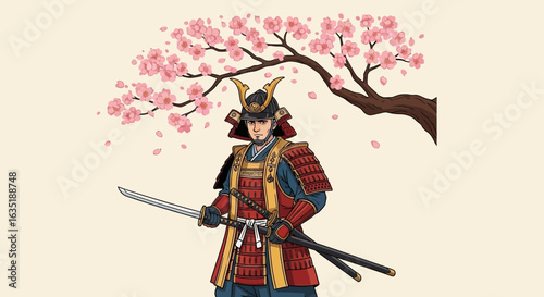 Brave Samurai Warrior Standing Proud Under Blooming Cherry Blossoms